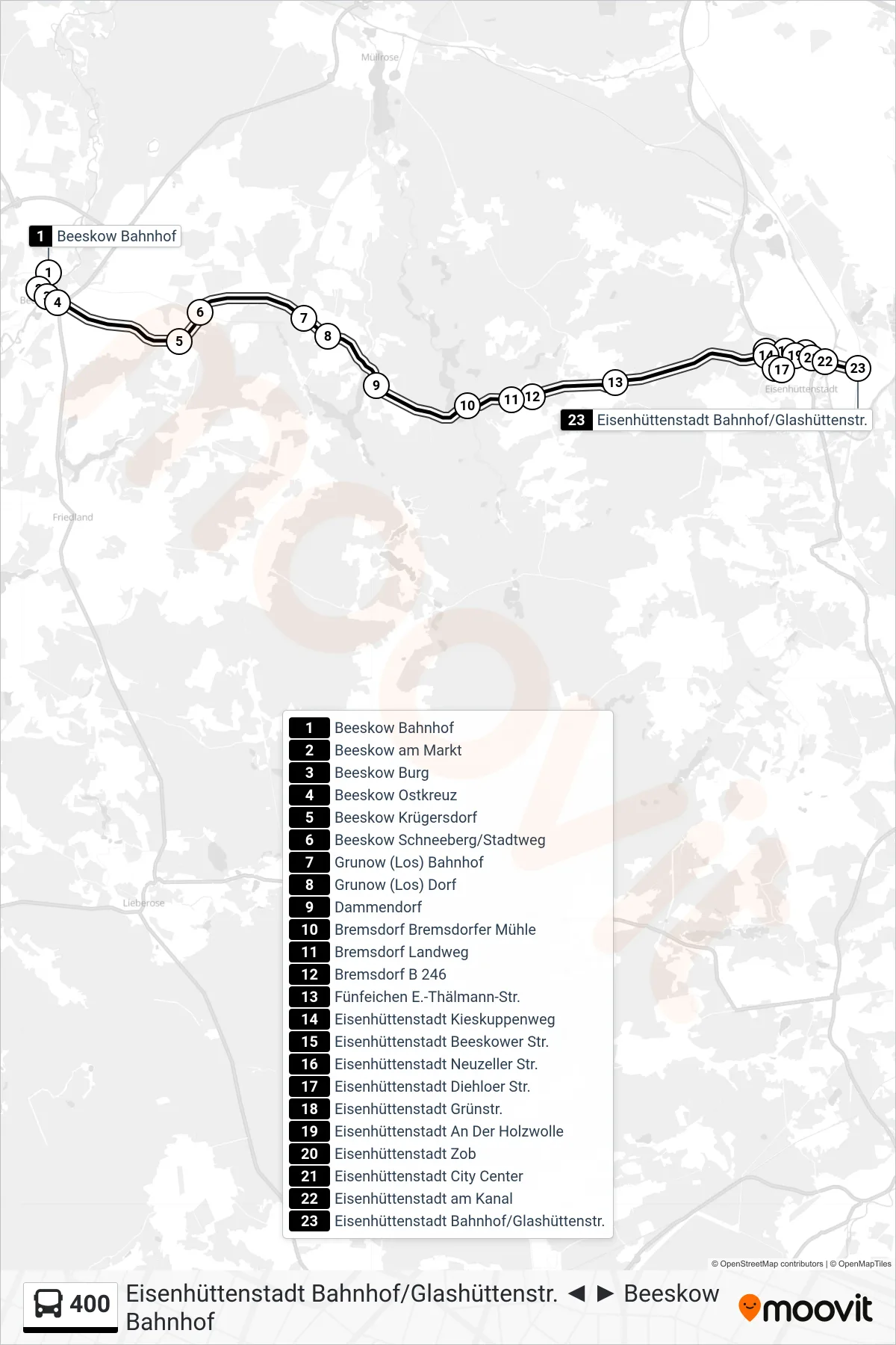 Linie 400 (Bus) Richtung Eisenhüttenstadt Bahnhof/Glashüttenstr.: Route und Haltestellen auf der Karte