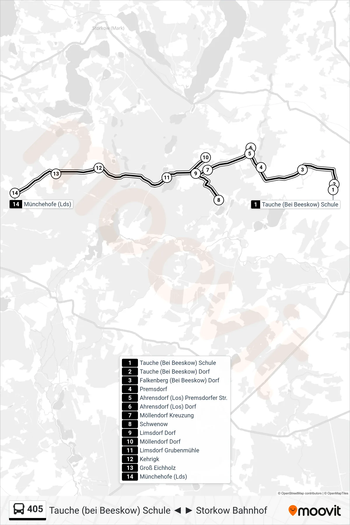 Linie 405 (Bus) Richtung Münchehofe (Lds): Route und Haltestellen auf der Karte