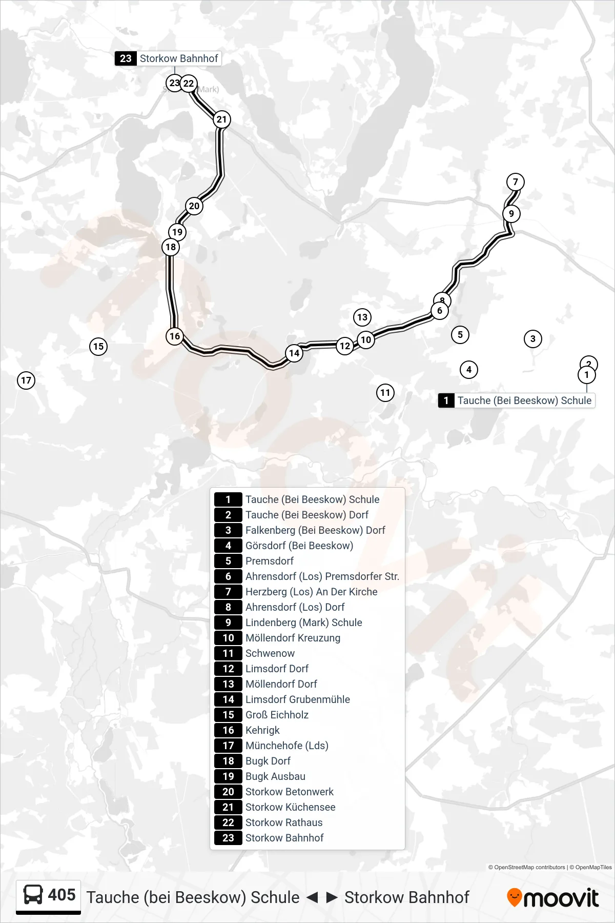 Linie 405 (Bus) Richtung Storkow Bahnhof: Route und Haltestellen auf der Karte