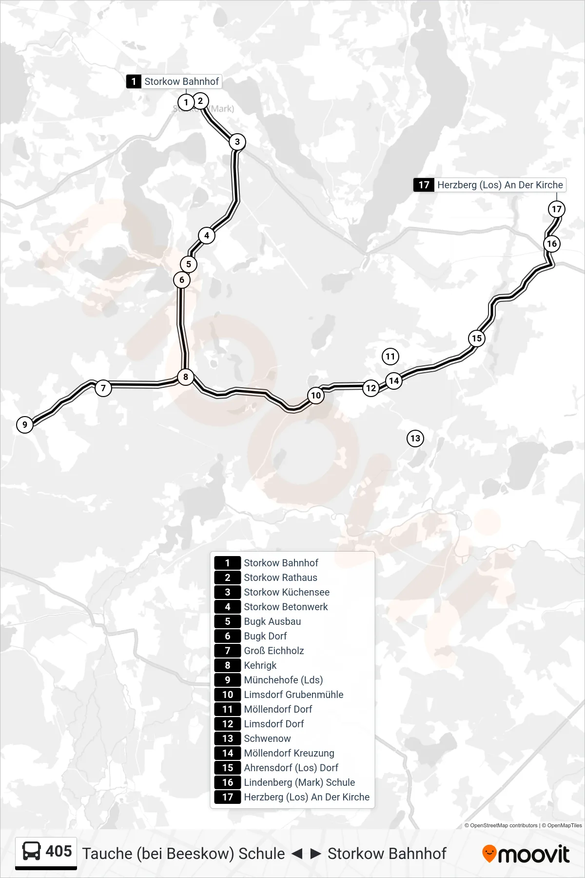 Linie 405 (Bus) Richtung Herzberg (Los) An Der Kirche: Route und Haltestellen auf der Karte