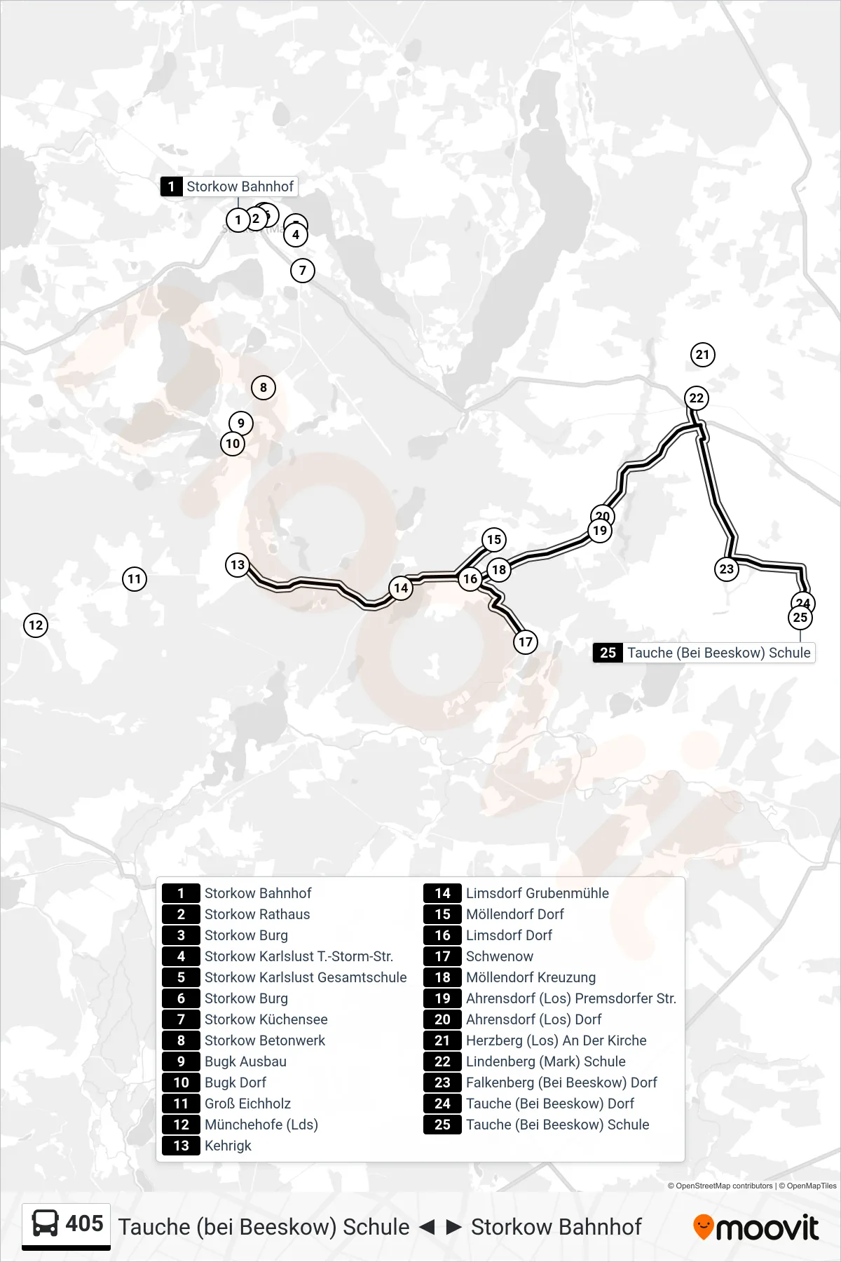 Linie 405 (Bus) Richtung Tauche (Bei Beeskow) Schule: Route und Haltestellen auf der Karte