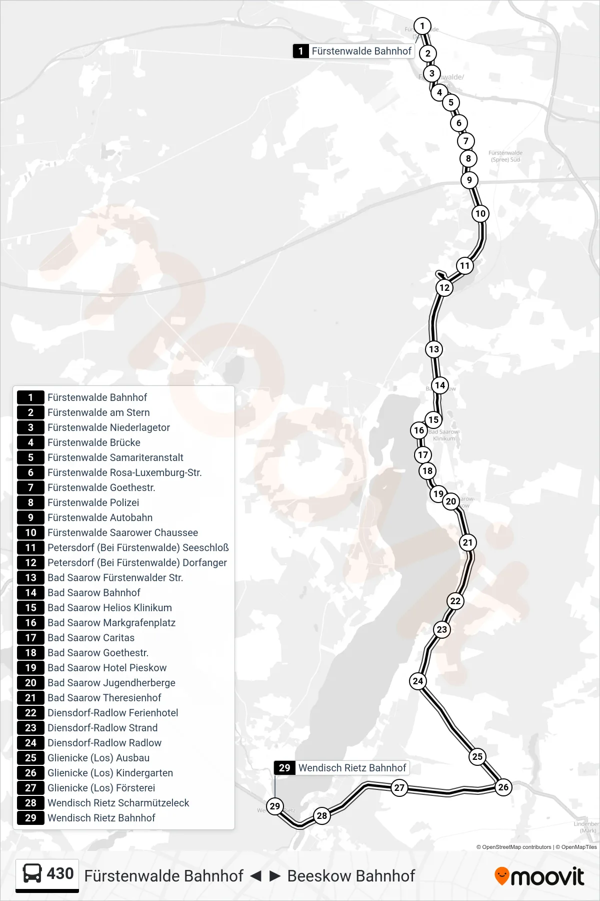 Linie 430 (Bus) Richtung Wendisch Rietz Bahnhof: Route und Haltestellen auf der Karte