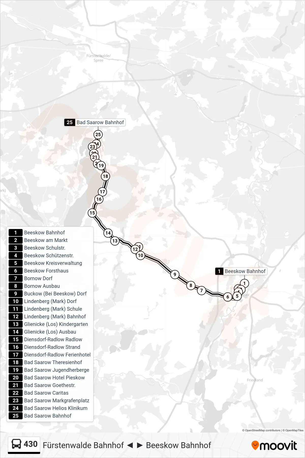 Linie 430 (Bus) Richtung Bad Saarow Bahnhof: Route und Haltestellen auf der Karte