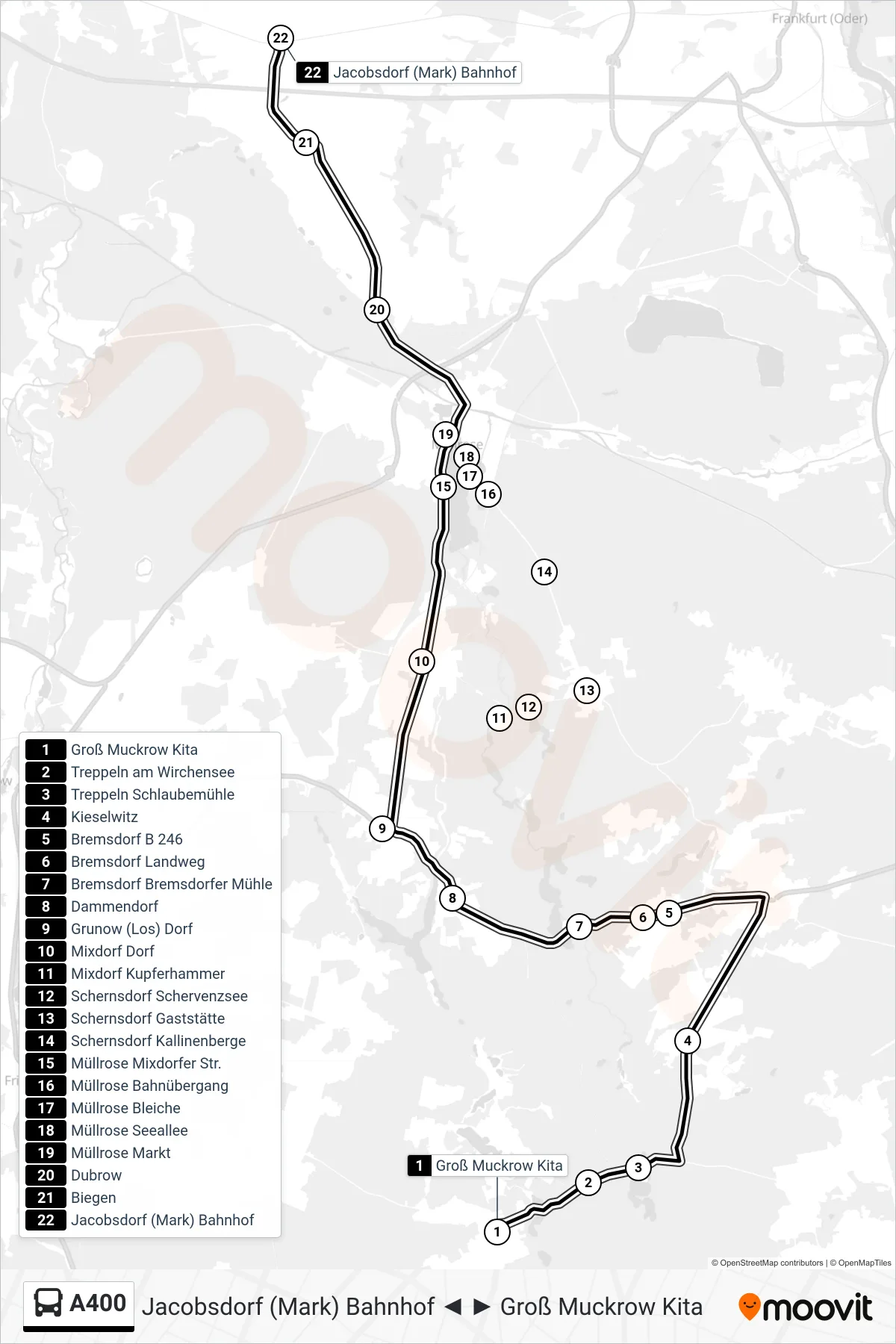 Linie A400 (Bus) Richtung Jacobsdorf (Mark) Bahnhof: Route und Haltestellen auf der Karte