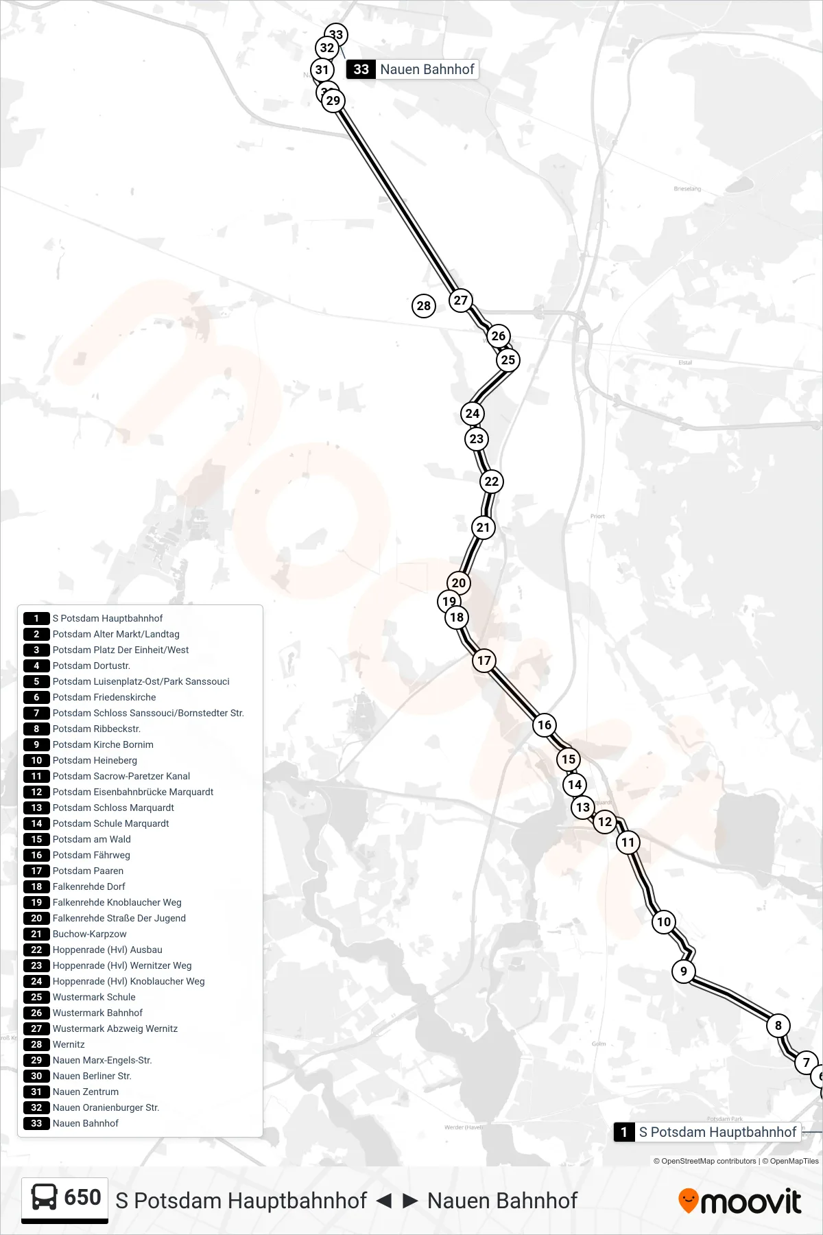 650 bus Line (Nauen Bahnhof) route and stops on a map