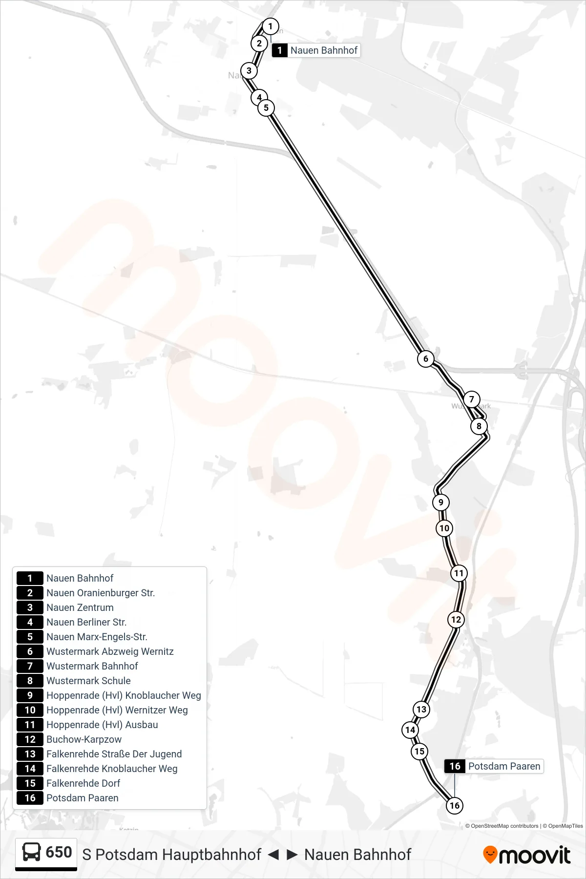 Linie 650 (Bus) Richtung Potsdam Paaren: Route und Haltestellen auf der Karte