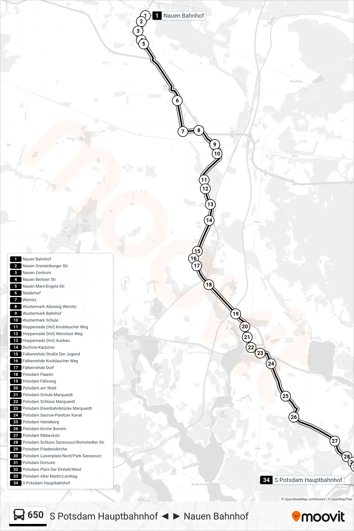 Linie 650 (Bus) Richtung S Potsdam Hauptbahnhof: Route und Haltestellen auf der Karte