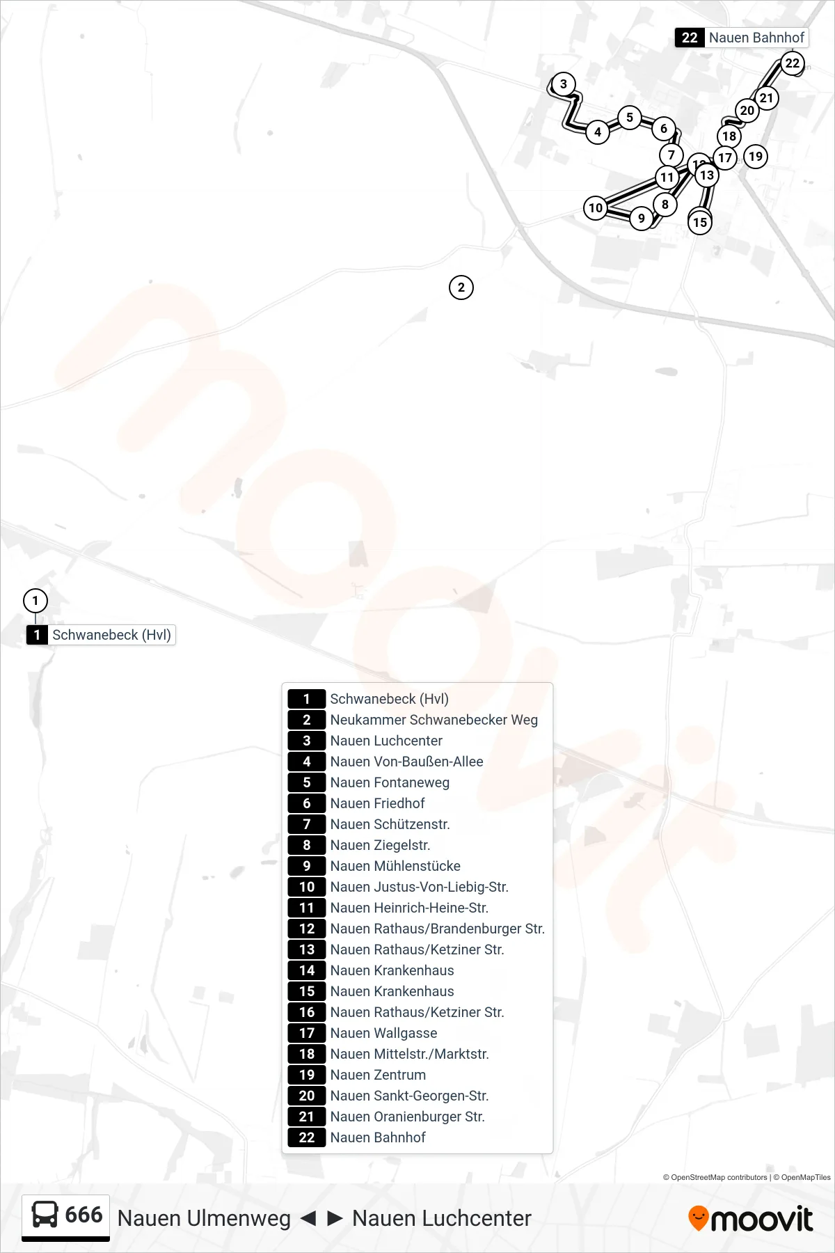 Linie 666 (Bus) Richtung Nauen Bahnhof: Route und Haltestellen auf der Karte