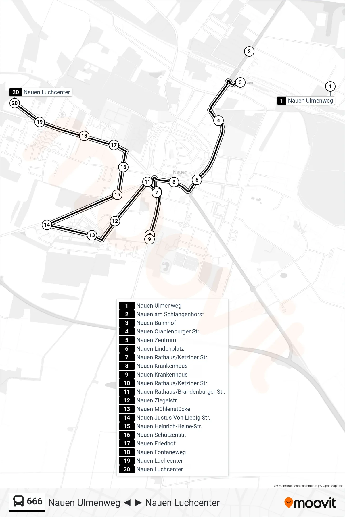 666 bus Line (Nauen Luchcenter) route and stops on a map