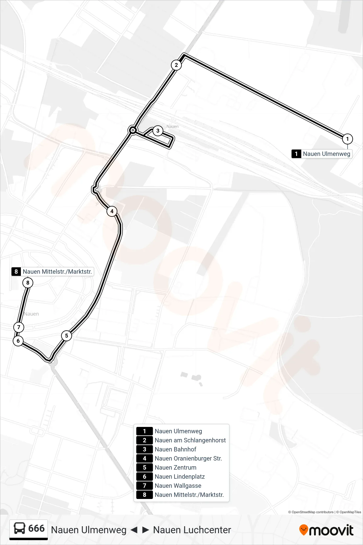 Linie 666 (Bus) Richtung Nauen Mittelstr./Marktstr.: Route und Haltestellen auf der Karte