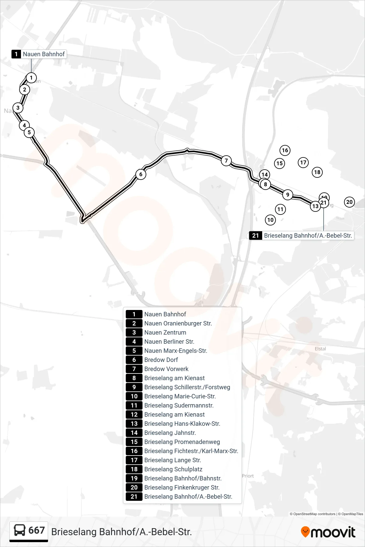 Linie 667 (Bus) Richtung Brieselang Bahnhof/A.-Bebel-Str.: Route und Haltestellen auf der Karte