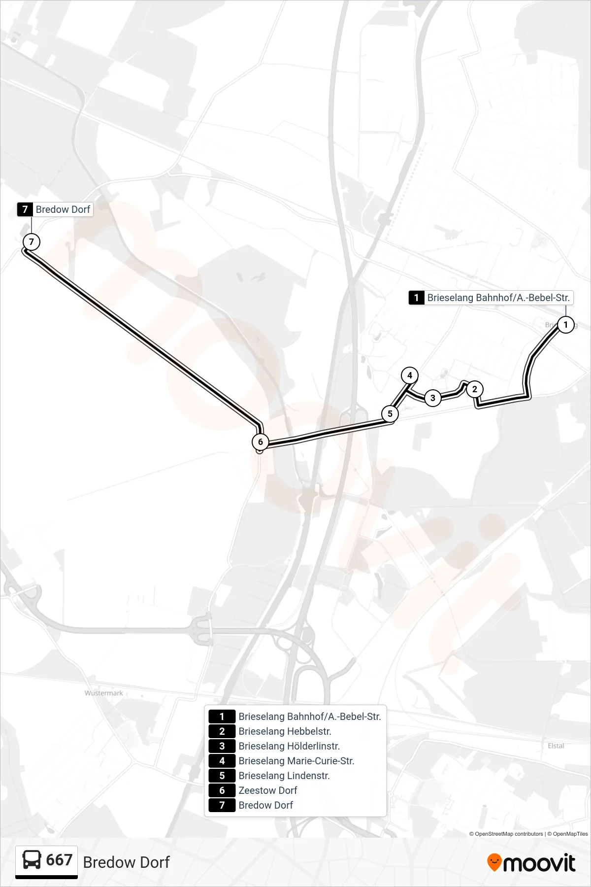 Linie 667 (Bus) Richtung Bredow Dorf: Route und Haltestellen auf der Karte