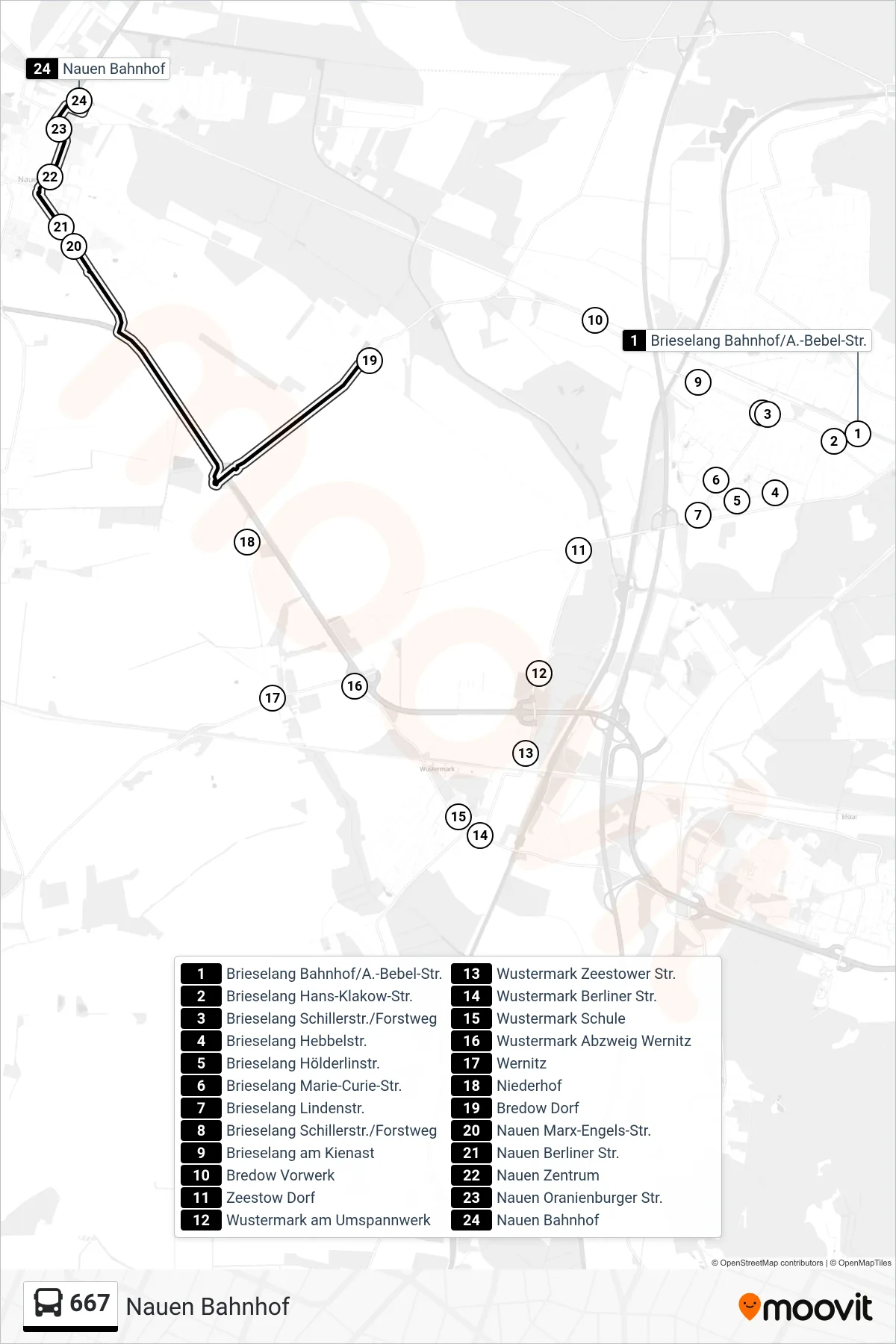 Linie 667 (Bus) Richtung Nauen Bahnhof: Route und Haltestellen auf der Karte