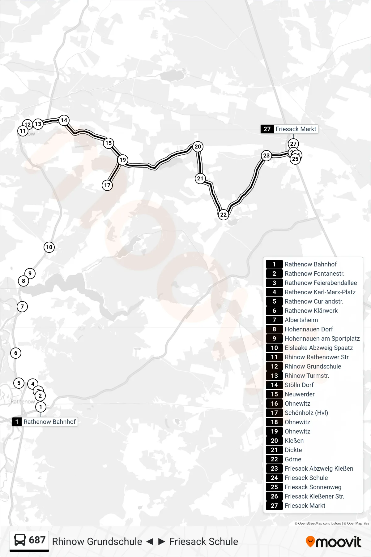 687 bus Line (Friesack Markt) route and stops on a map