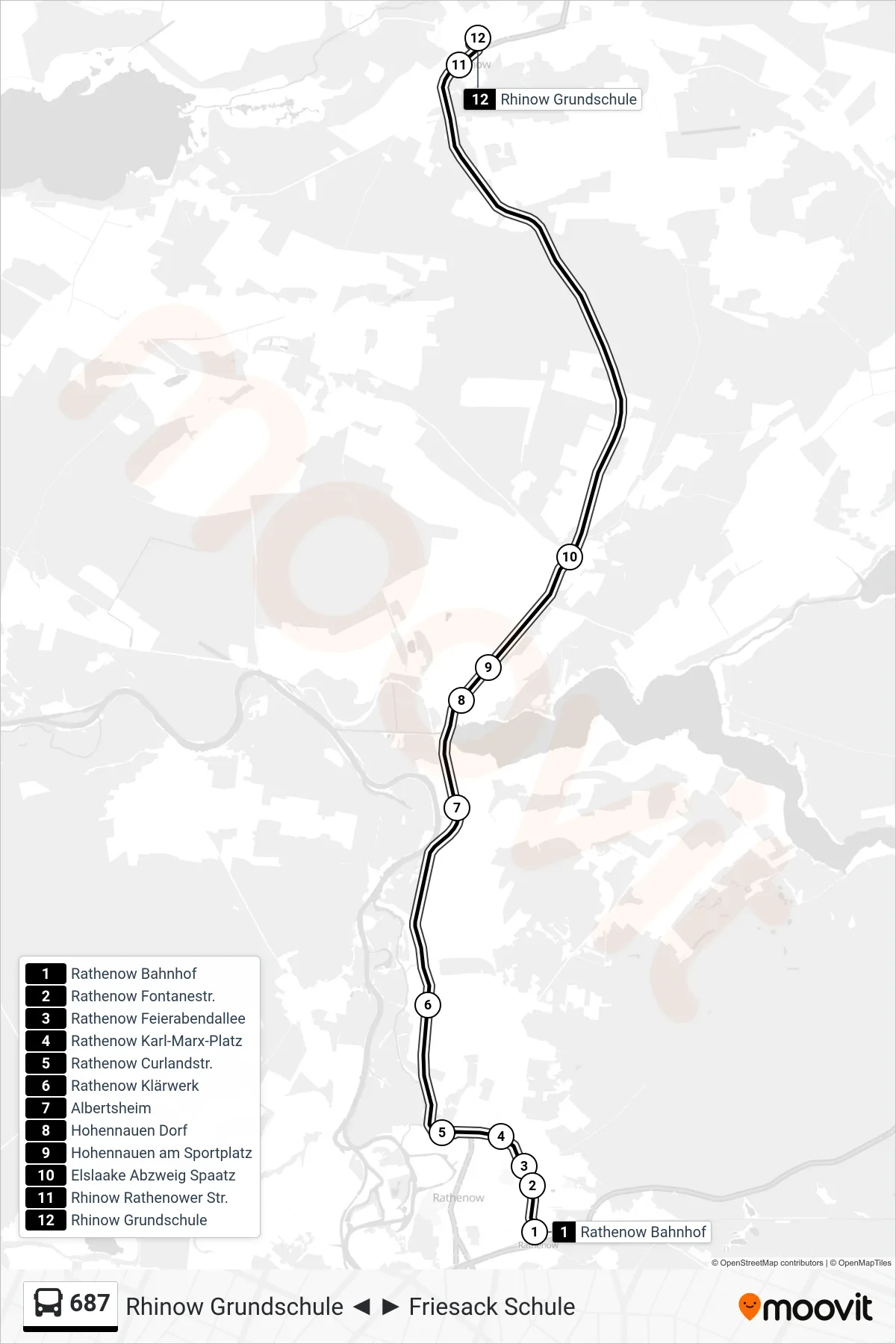 687 bus Line (Rhinow Grundschule) route and stops on a map