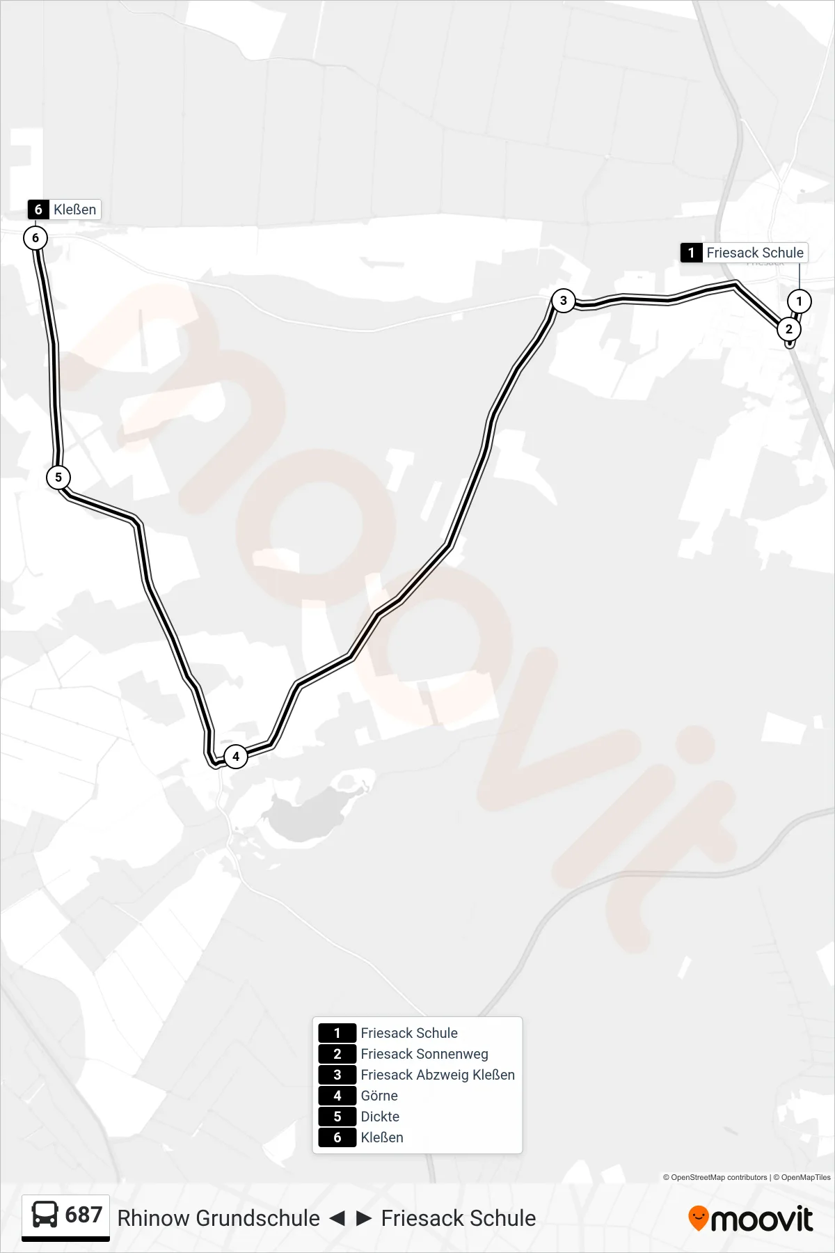 687 bus Line (Kleßen) route and stops on a map