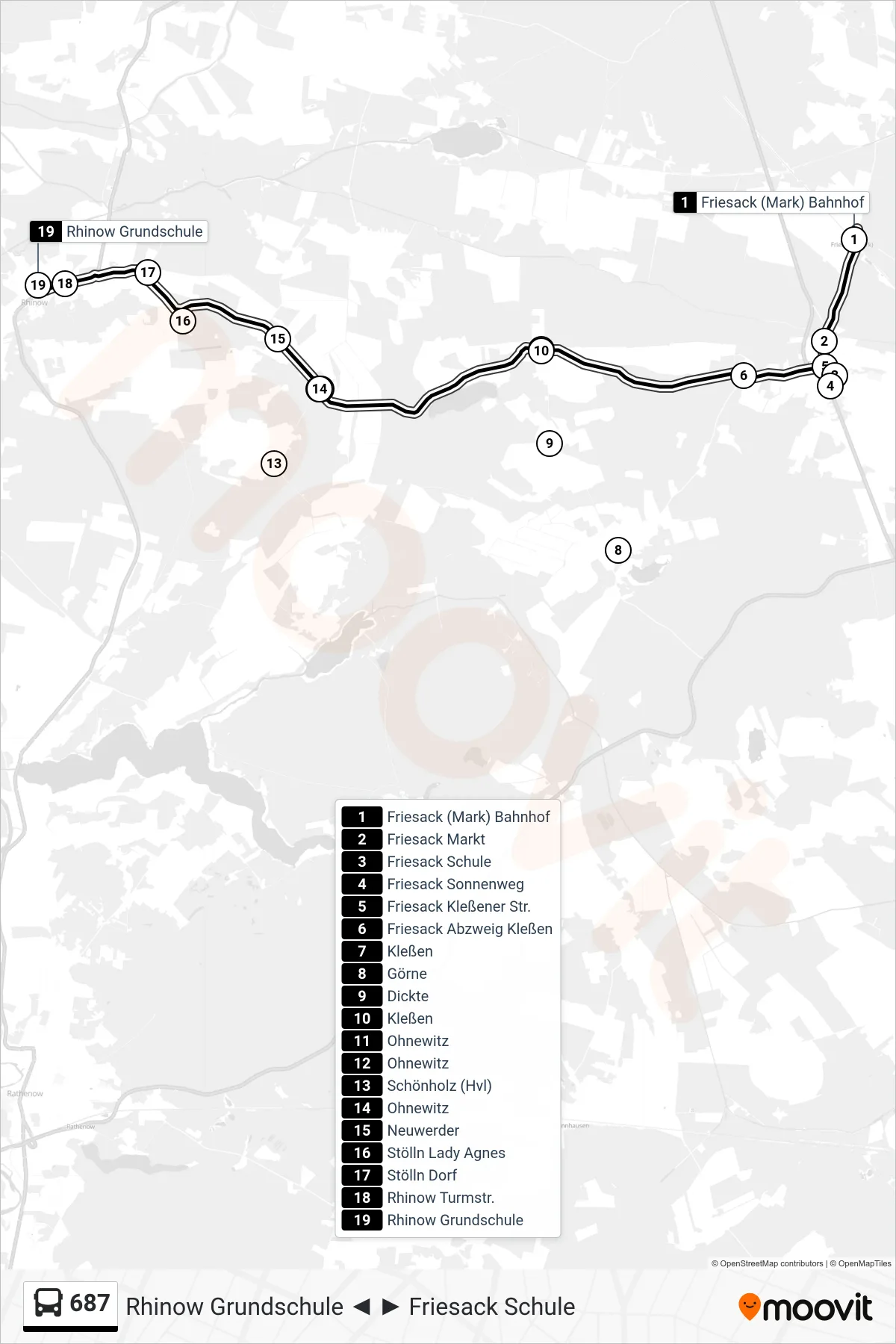 687 bus Line (Rhinow Grundschule) route and stops on a map
