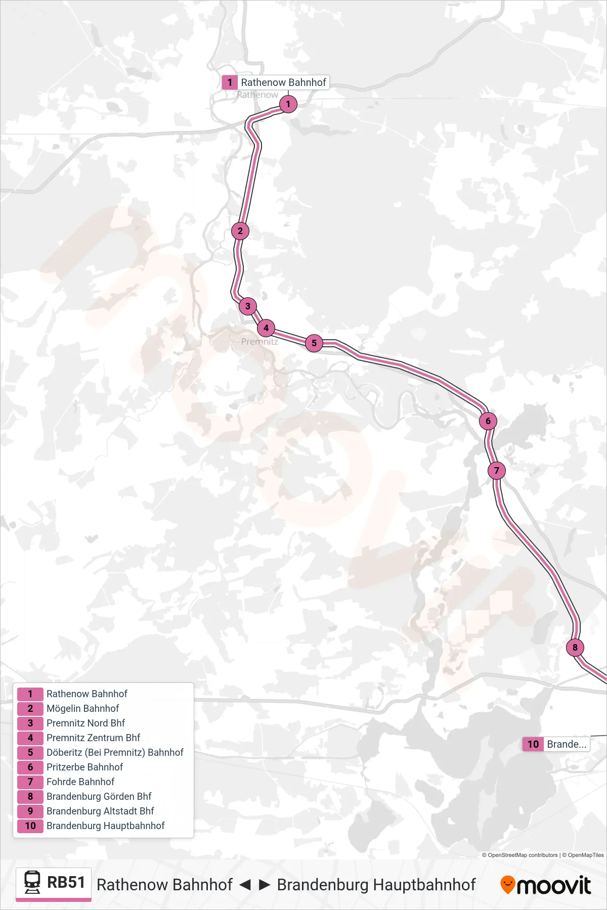 Linie RB51 (Bahn) Richtung Brandenburg Hauptbahnhof: Route und Haltestellen auf der Karte