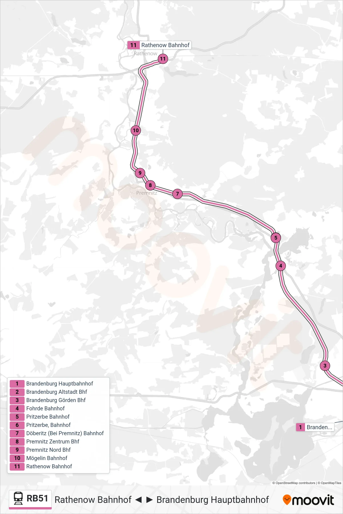 Linie RB51 (Bahn) Richtung Rathenow Bahnhof: Route und Haltestellen auf der Karte