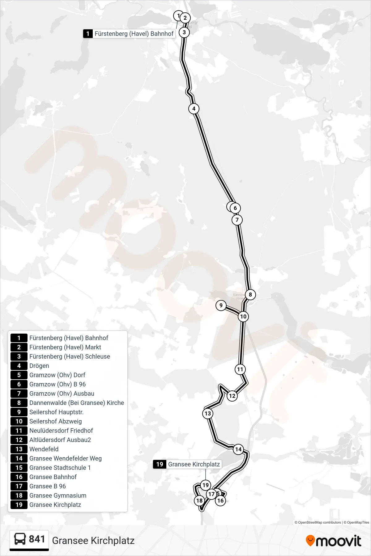 Linie 841 (Bus) Richtung Gransee Kirchplatz: Route und Haltestellen auf der Karte