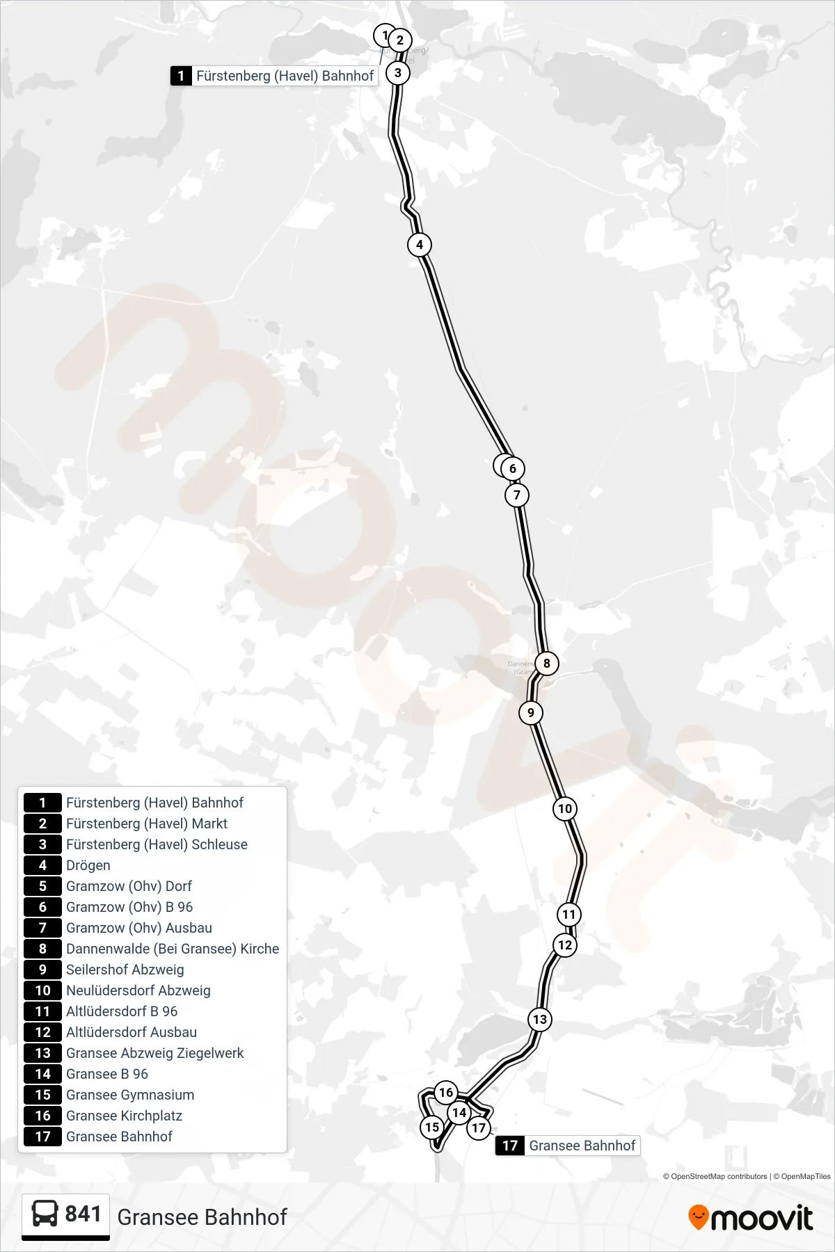 841 bus Line (Gransee Bahnhof) route and stops on a map