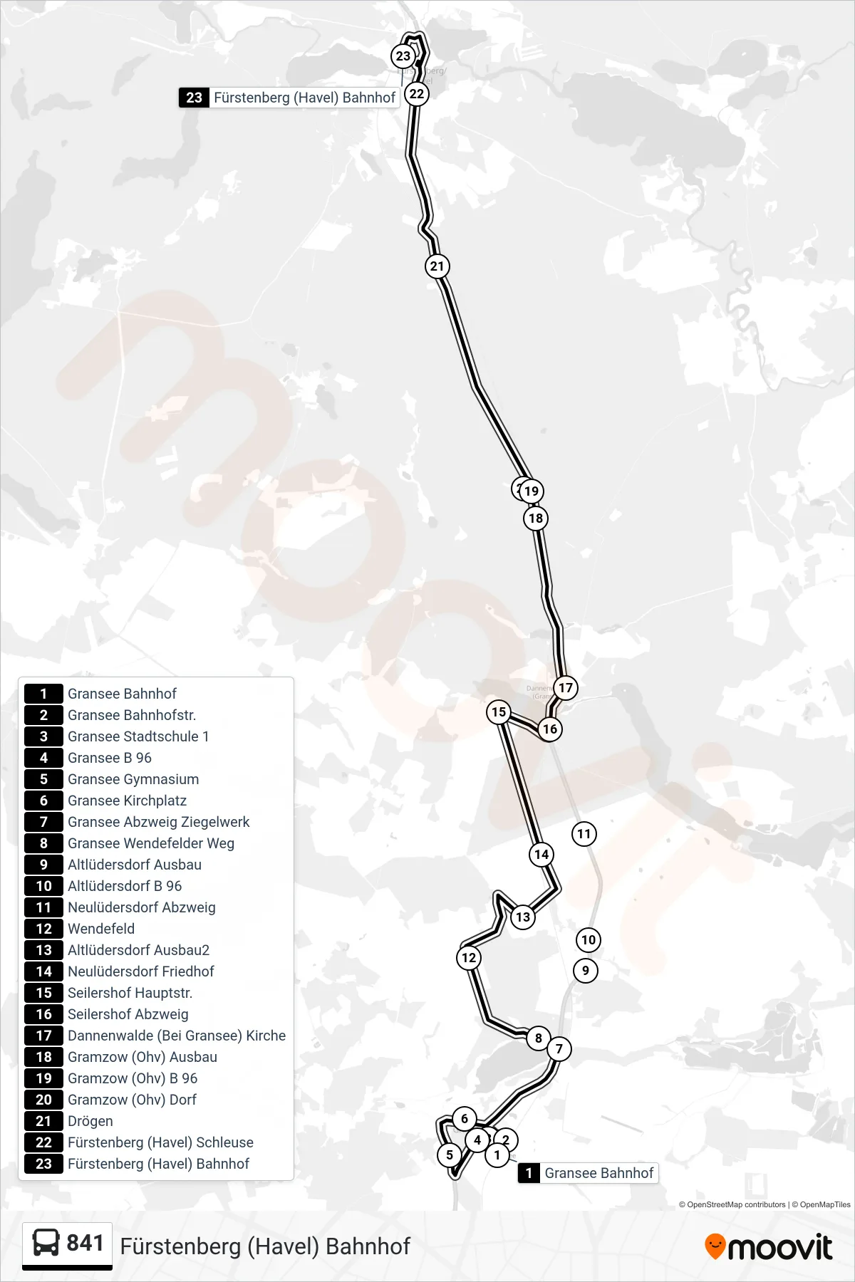 Linie 841 (Bus) Richtung Fürstenberg (Havel) Bahnhof: Route und Haltestellen auf der Karte