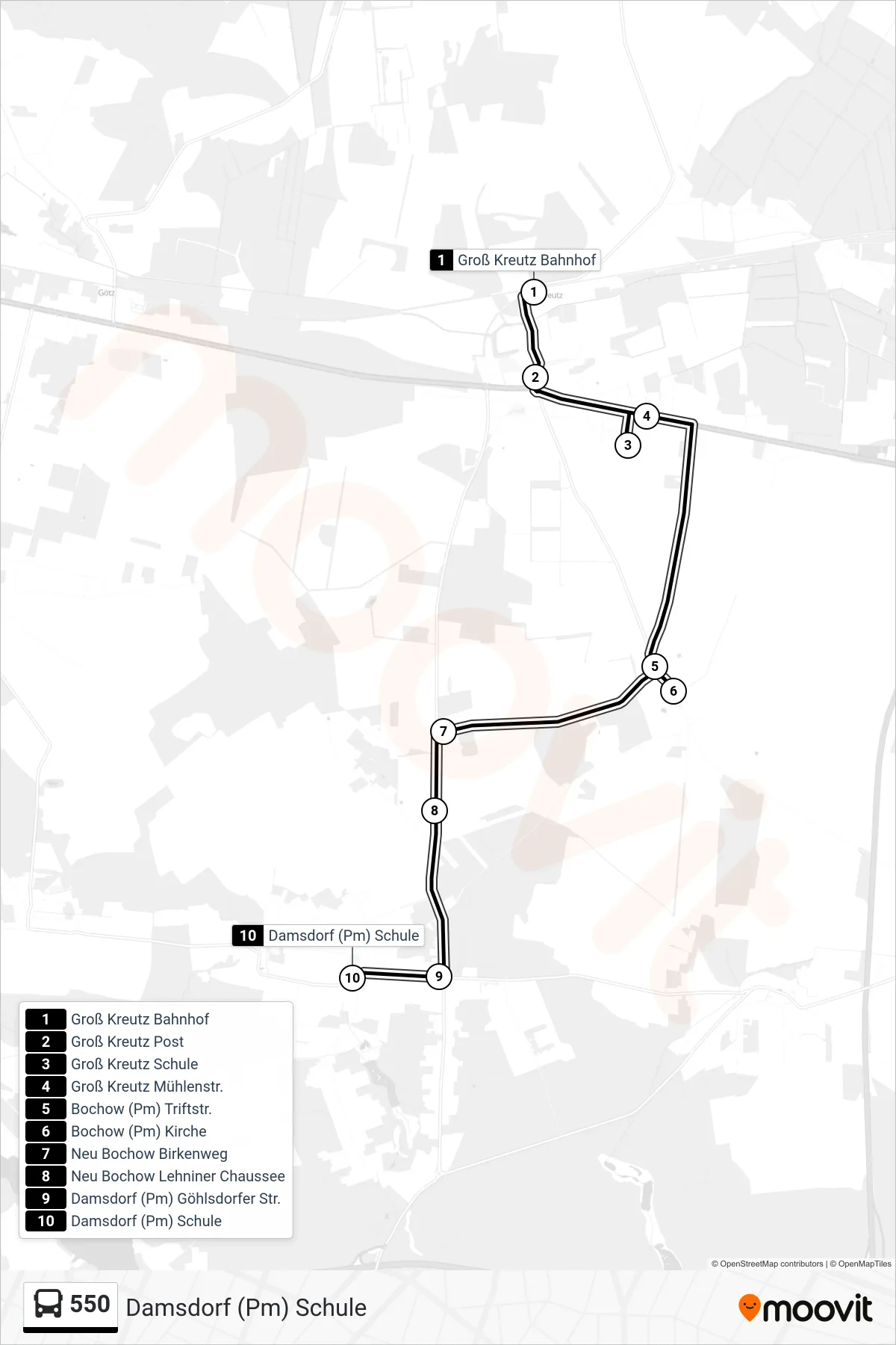 550 bus Line (Damsdorf (Pm) Schule) route and stops on a map