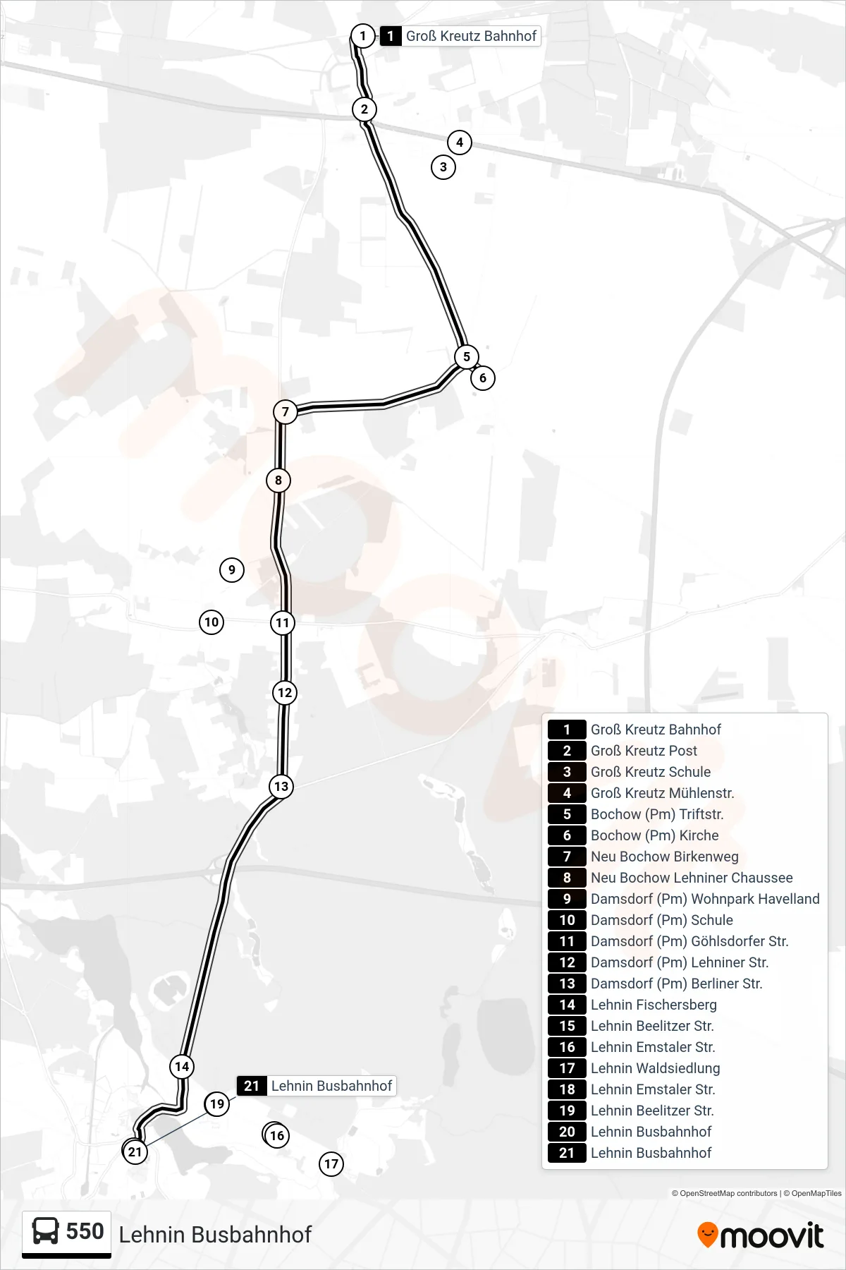 Linie 550 (Bus) Richtung Lehnin Busbahnhof: Route und Haltestellen auf der Karte