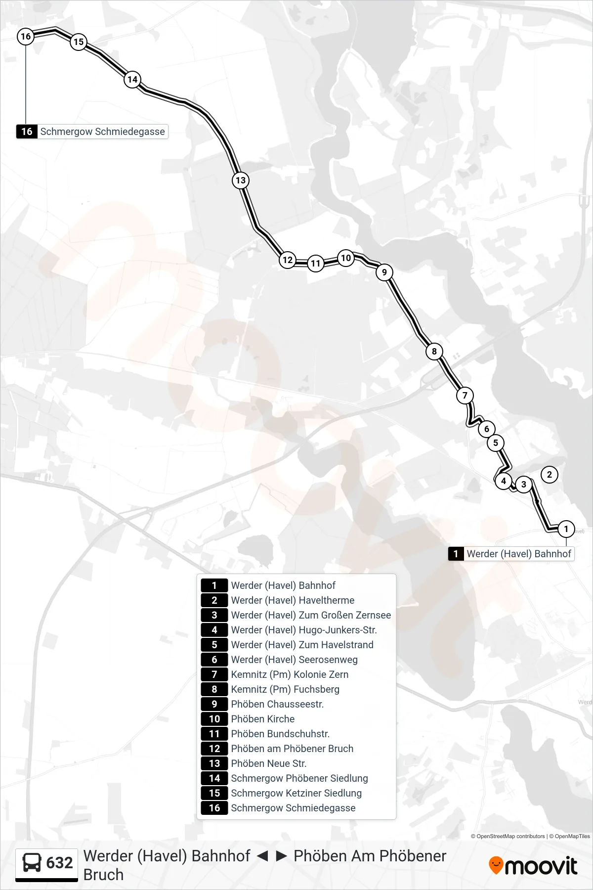 Linie 632 (Bus) Richtung Schmergow Schmiedegasse: Route und Haltestellen auf der Karte