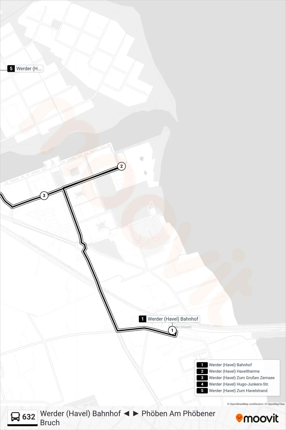 632 bus Line (Werder (Havel) Zum Havelstrand) route and stops on a map