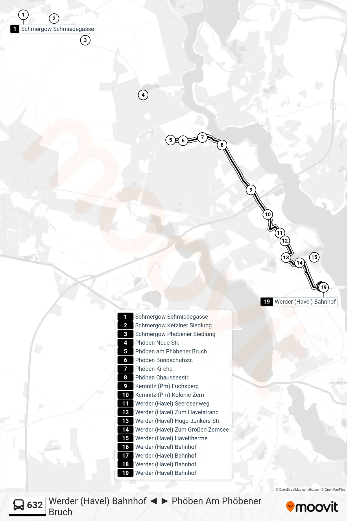Linie 632 (Bus) Richtung Werder (Havel) Bahnhof: Route und Haltestellen auf der Karte