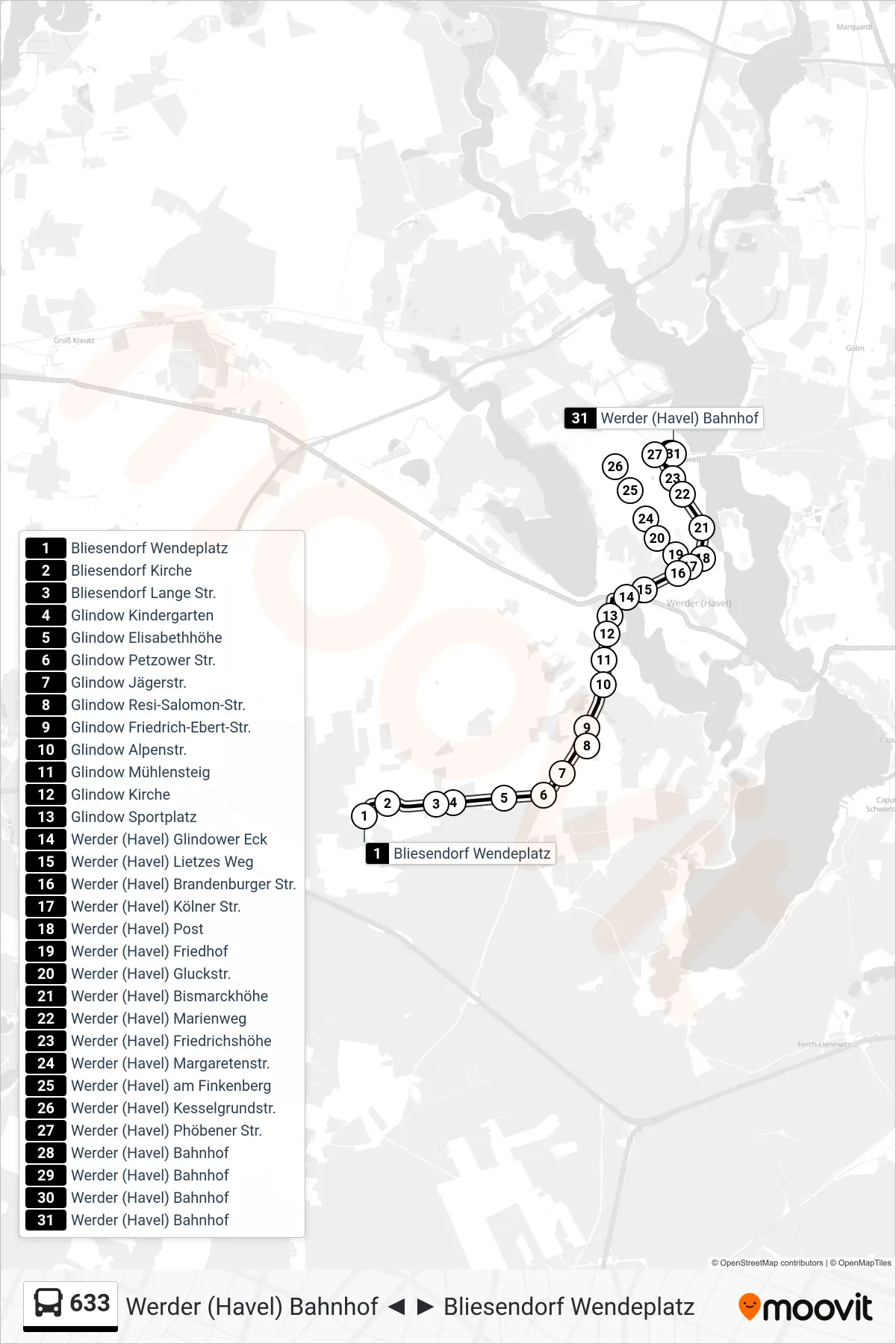 Linie 633 (Bus) Richtung Werder (Havel) Bahnhof: Route und Haltestellen auf der Karte