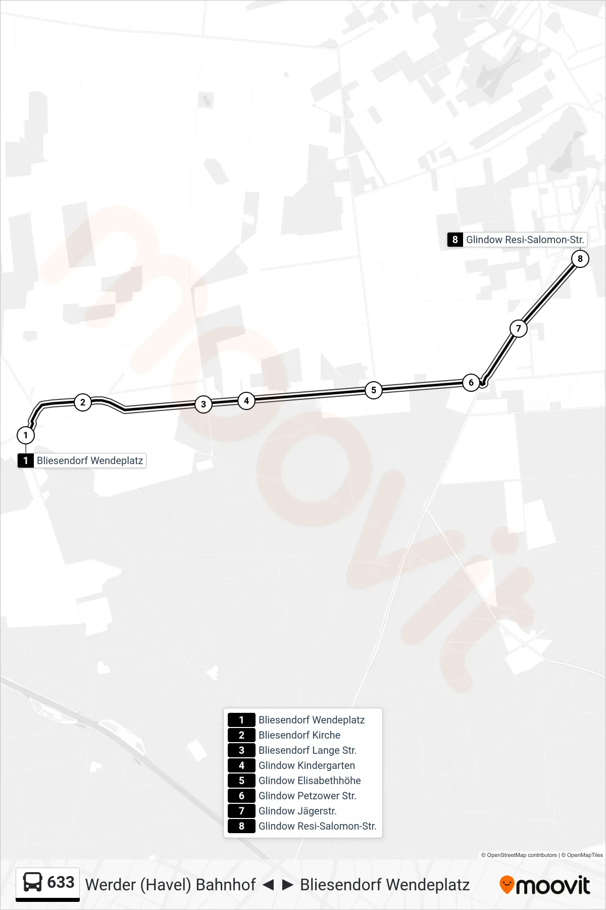 Linie 633 (Bus) Richtung Glindow Resi-Salomon-Str.: Route und Haltestellen auf der Karte