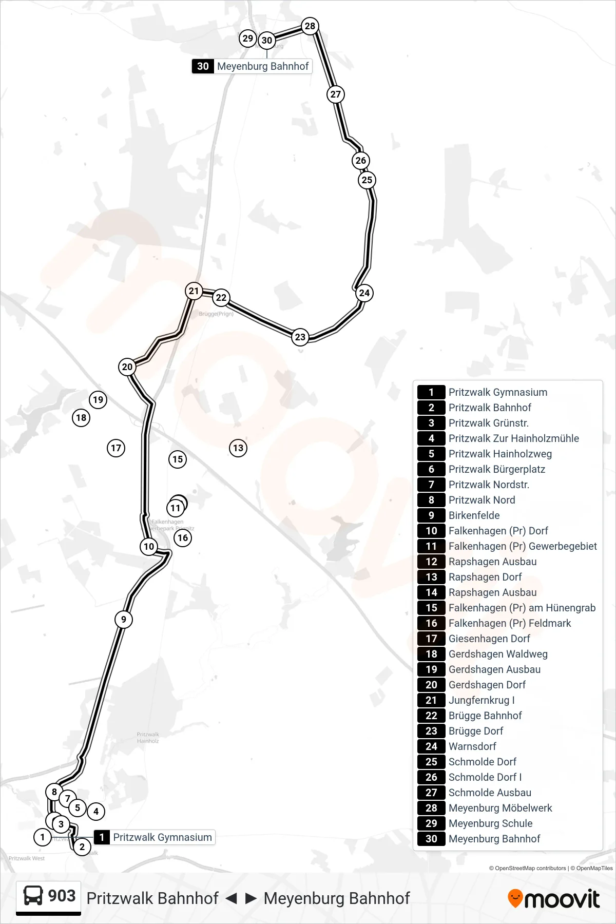 903 bus Line (Meyenburg Bahnhof) route and stops on a map