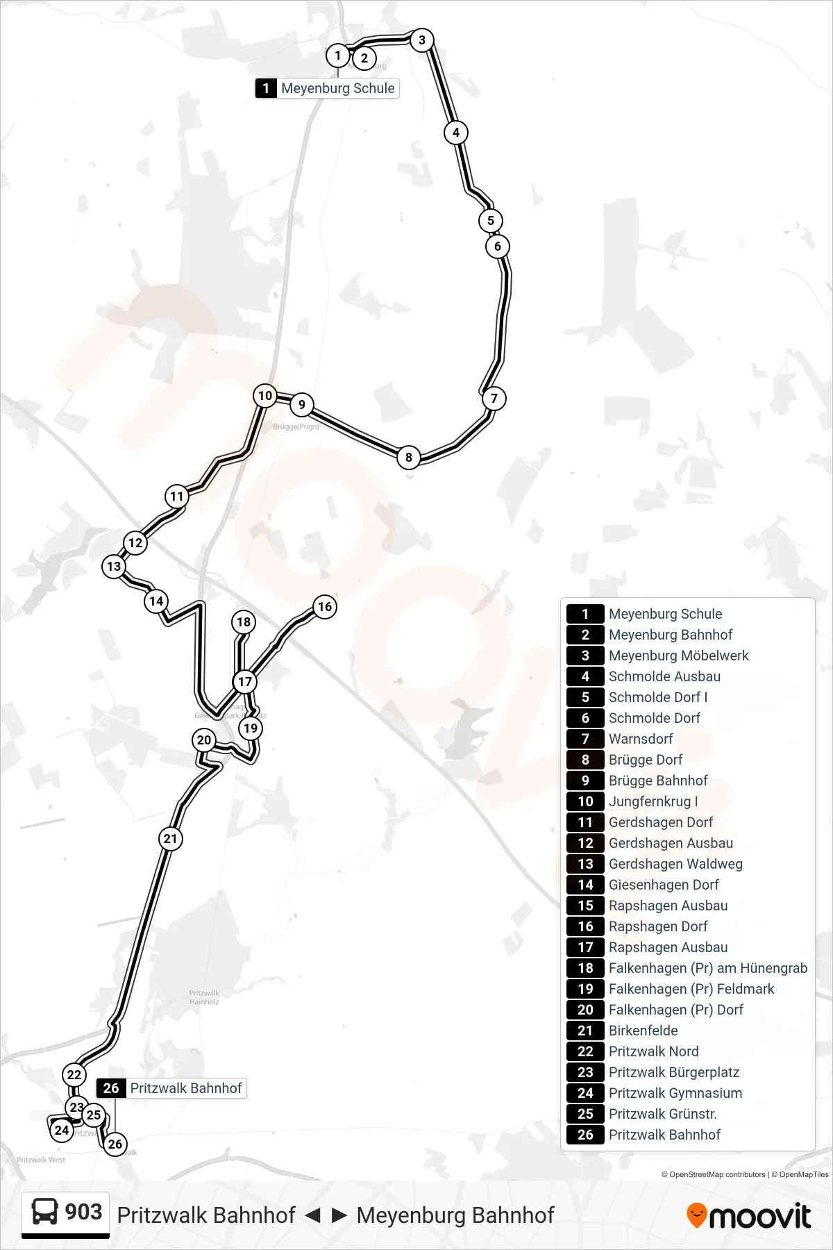 Linie 903 (Bus) Richtung Pritzwalk Bahnhof: Route und Haltestellen auf der Karte