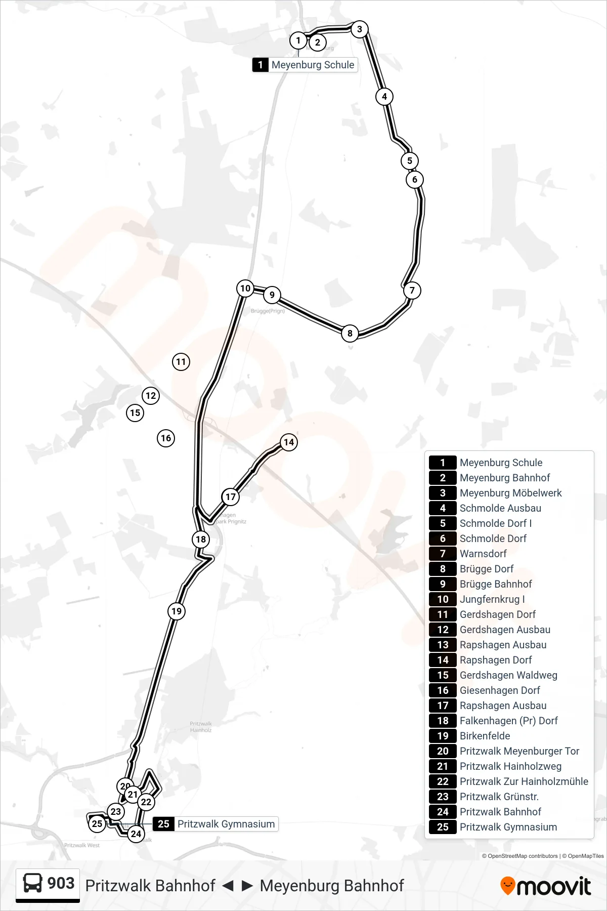 Linie 903 (Bus) Richtung Pritzwalk Gymnasium: Route und Haltestellen auf der Karte