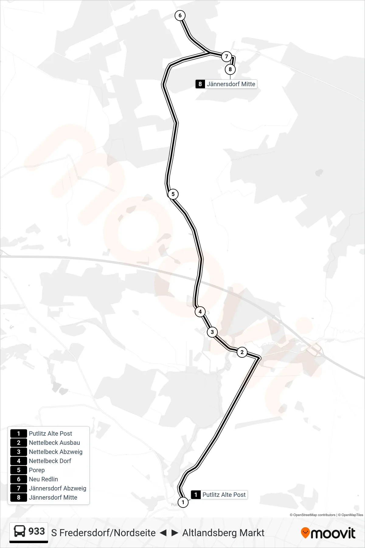 Linie 933 (Bus) Richtung Jännersdorf Mitte: Route und Haltestellen auf der Karte
