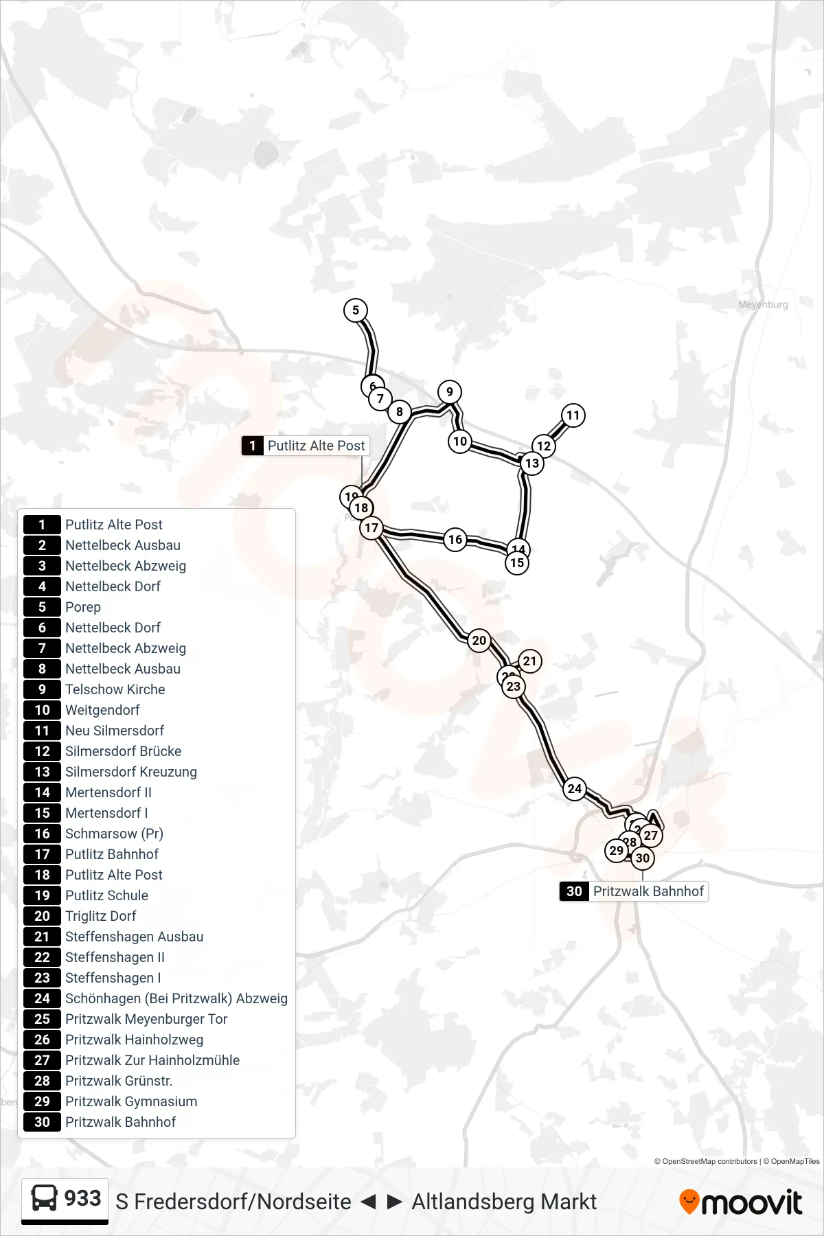 Linie 933 (Bus) Richtung Pritzwalk Bahnhof: Route und Haltestellen auf der Karte