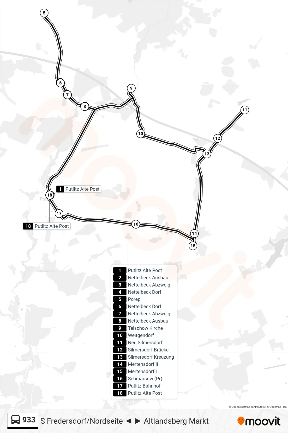 Linie 933 (Bus) Richtung Putlitz Alte Post: Route und Haltestellen auf der Karte