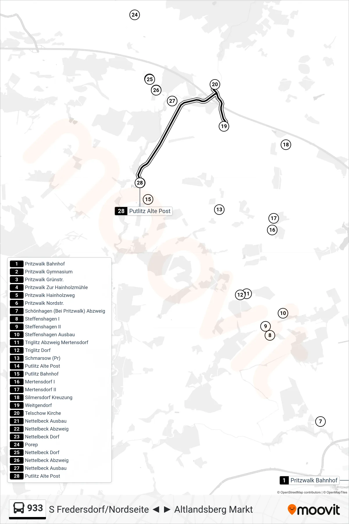 Linie 933 (Bus) Richtung Putlitz Alte Post: Route und Haltestellen auf der Karte