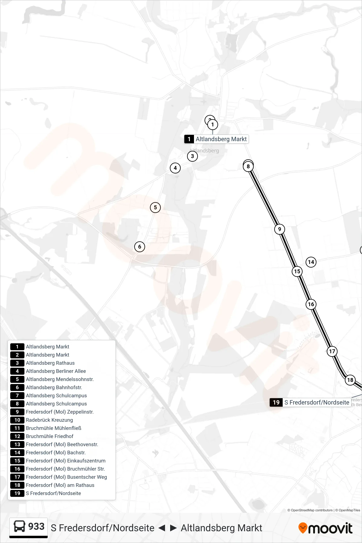 Linie 933 (Bus) Richtung S Fredersdorf/Nordseite: Route und Haltestellen auf der Karte