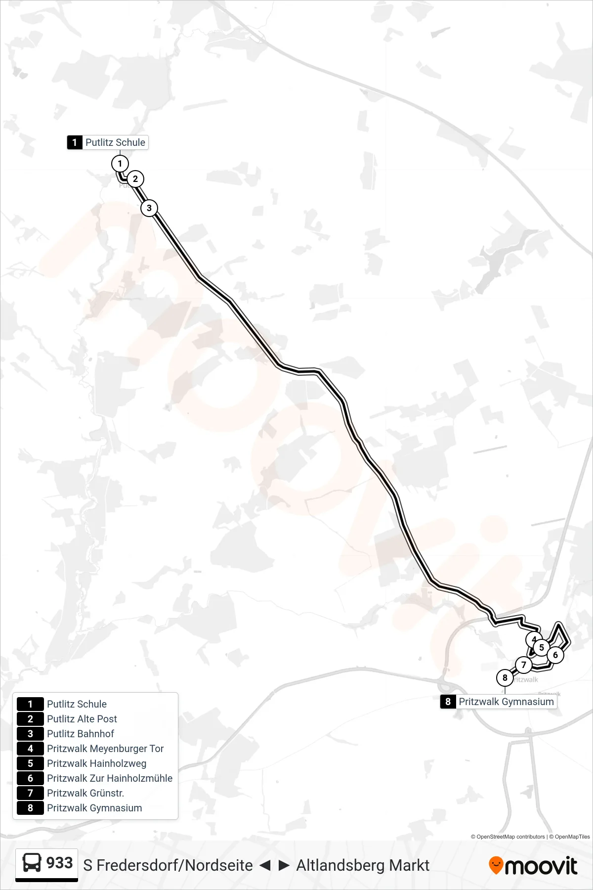 Linie 933 (Bus) Richtung Pritzwalk Gymnasium: Route und Haltestellen auf der Karte