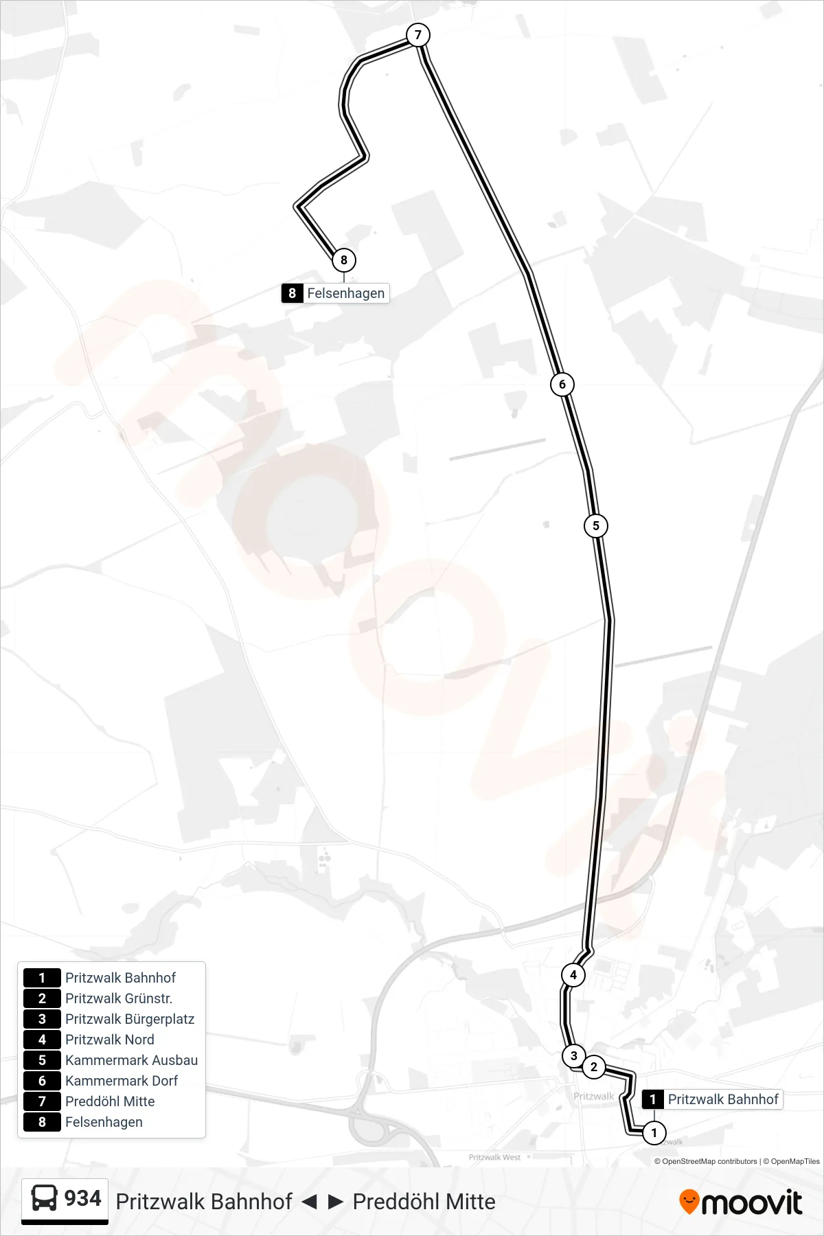 934 bus Line (Felsenhagen) route and stops on a map