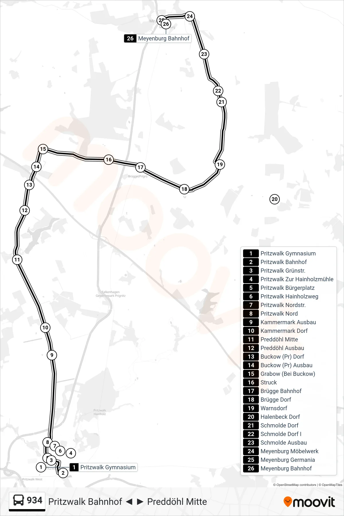 Linie 934 (Bus) Richtung Meyenburg Bahnhof: Route und Haltestellen auf der Karte