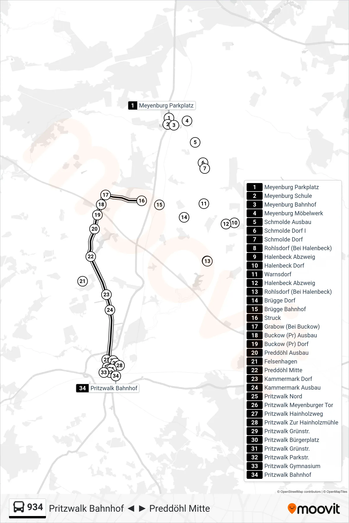 934 bus Line (Pritzwalk Bahnhof) route and stops on a map
