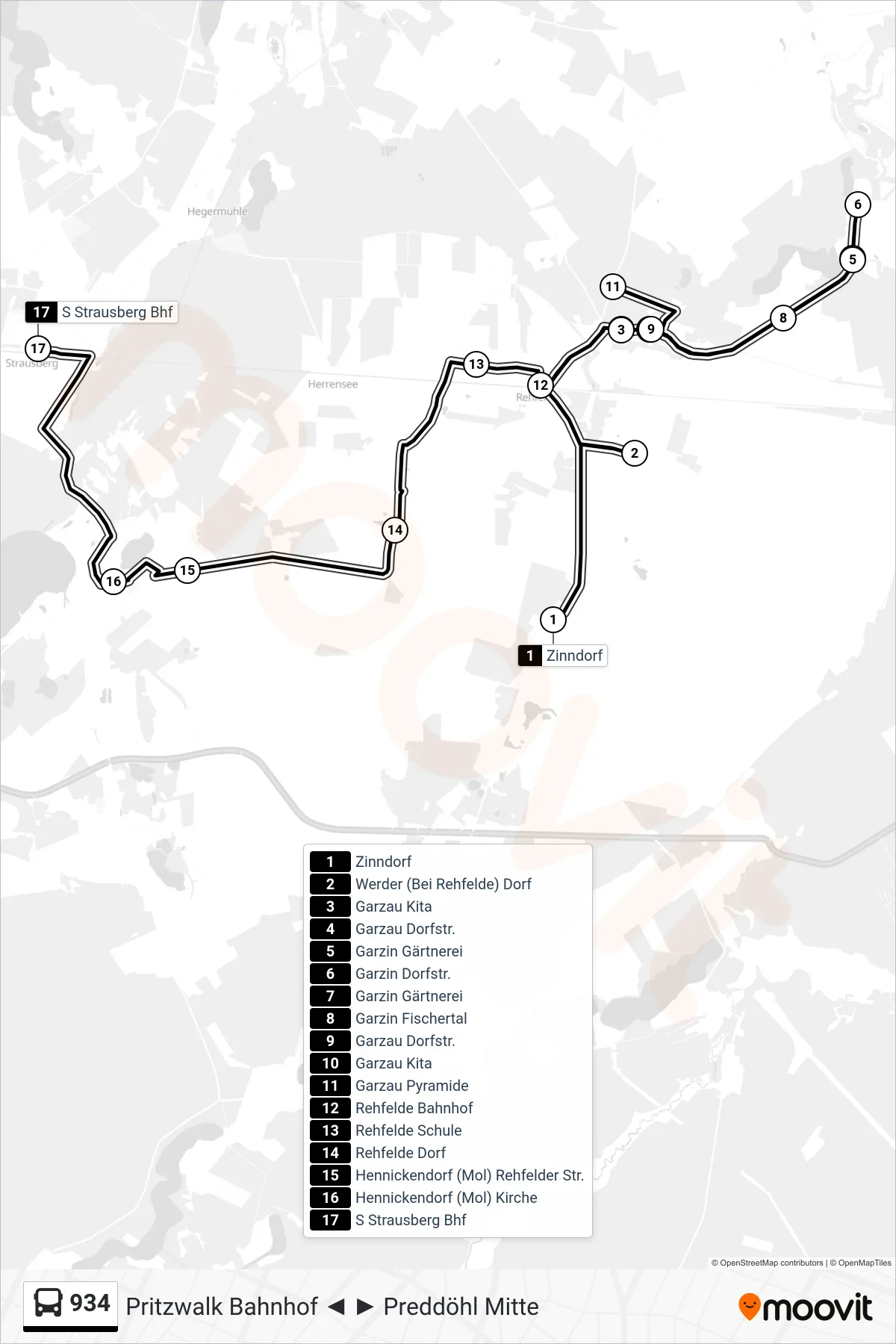 Linie 934 (Bus) Richtung S Strausberg Bhf: Route und Haltestellen auf der Karte