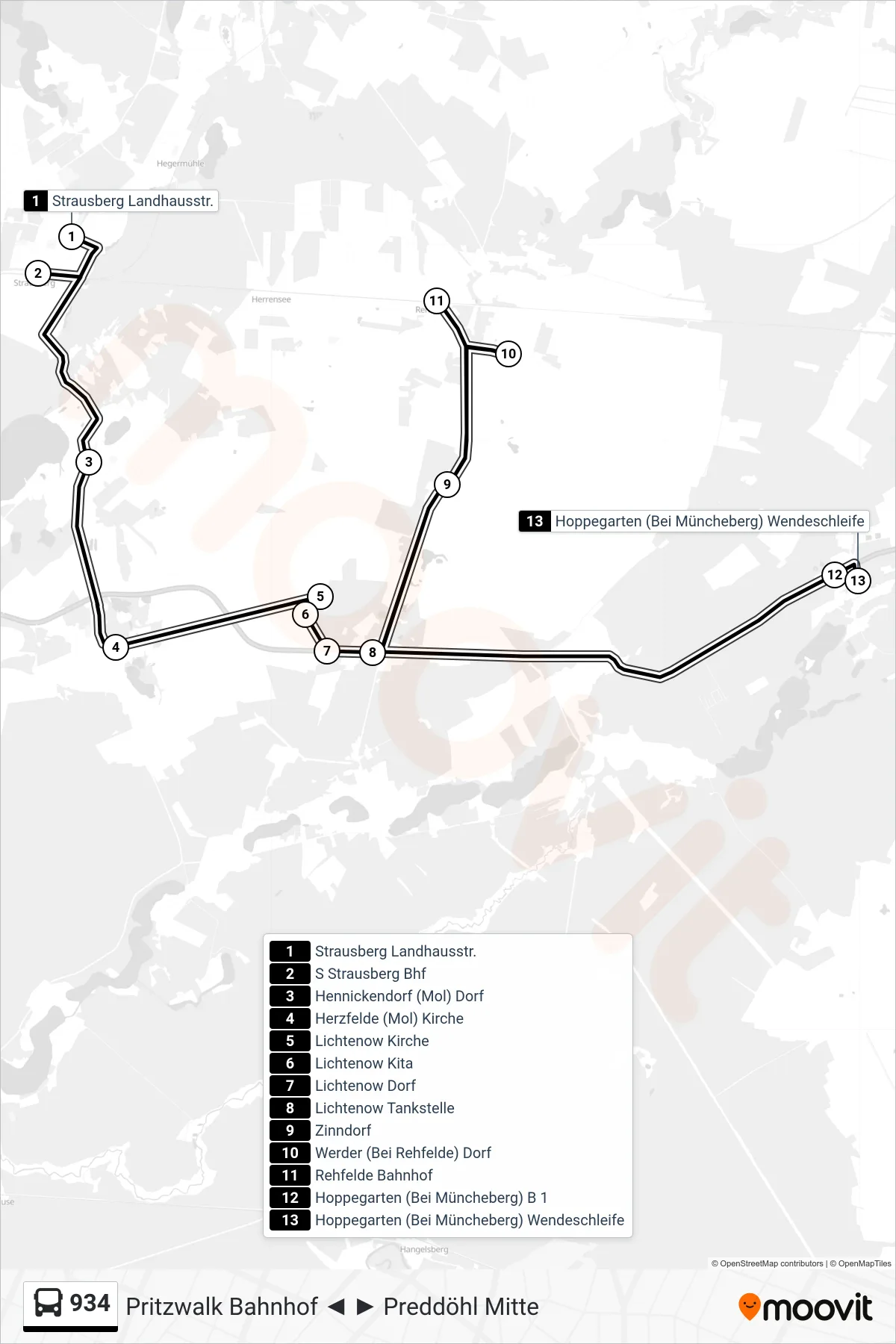 Linie 934 (Bus) Richtung Hoppegarten (Bei Müncheberg) Wendeschleife: Route und Haltestellen auf der Karte