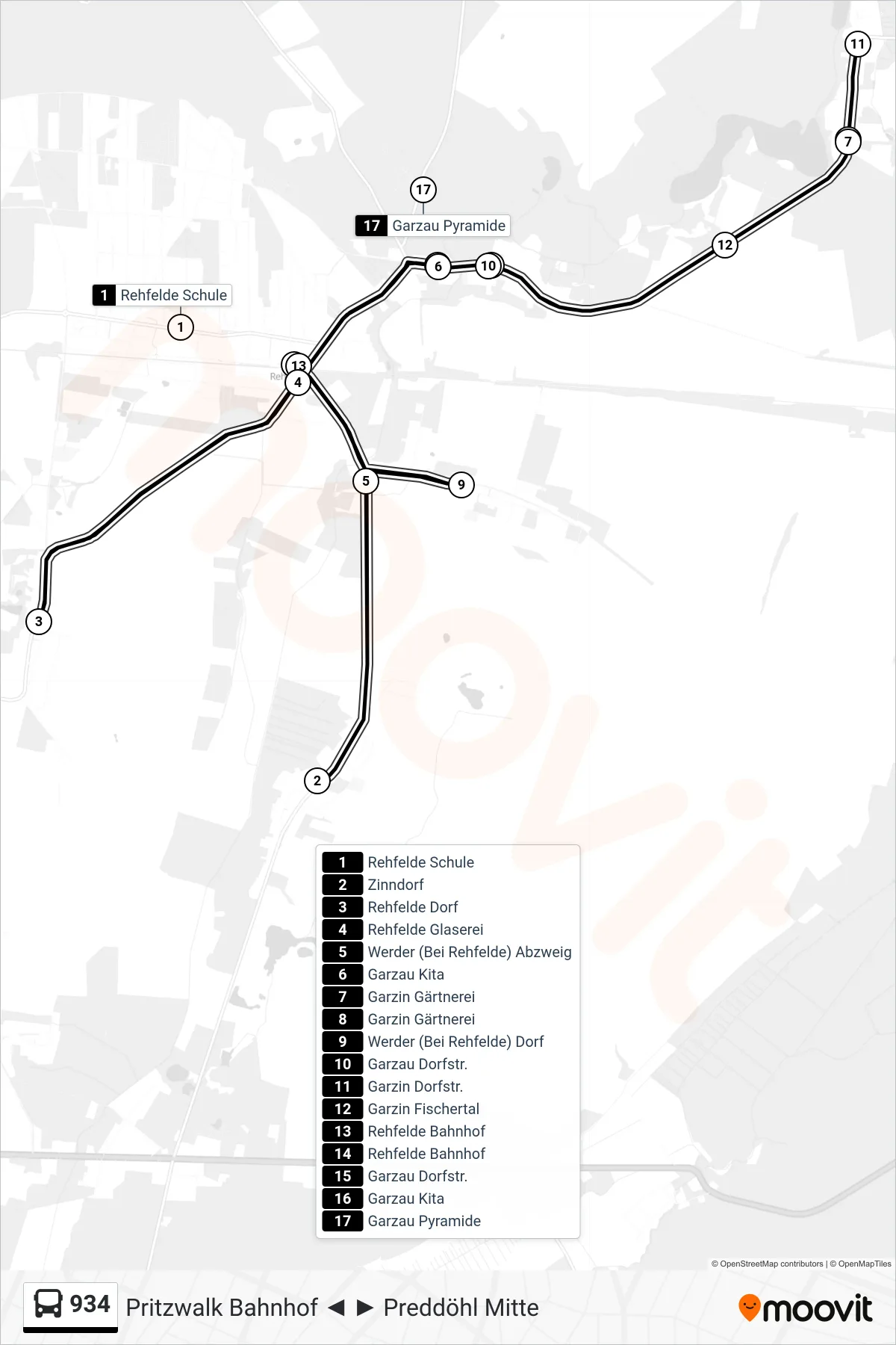 Linie 934 (Bus) Richtung Rehfelde Bahnhof: Route und Haltestellen auf der Karte