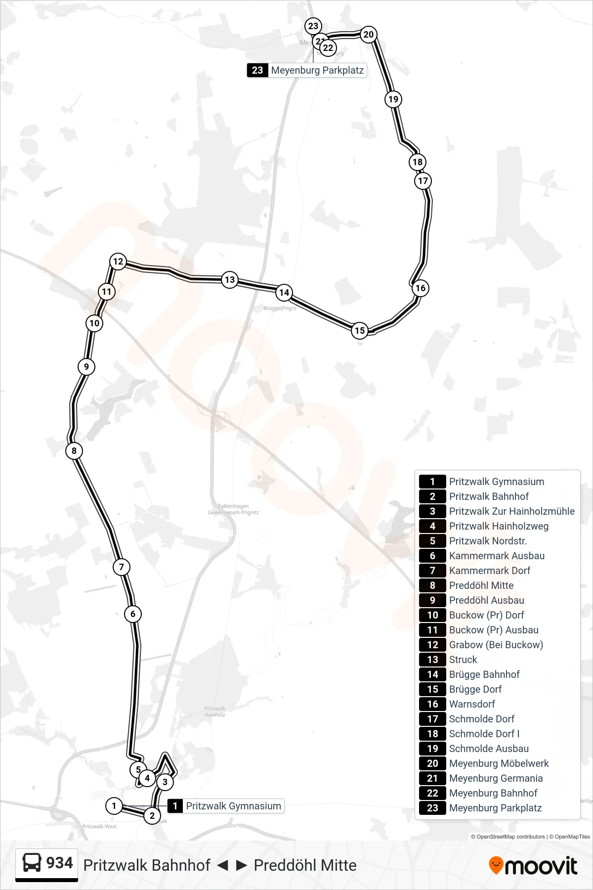 Linie 934 (Bus) Richtung Meyenburg Parkplatz: Route und Haltestellen auf der Karte