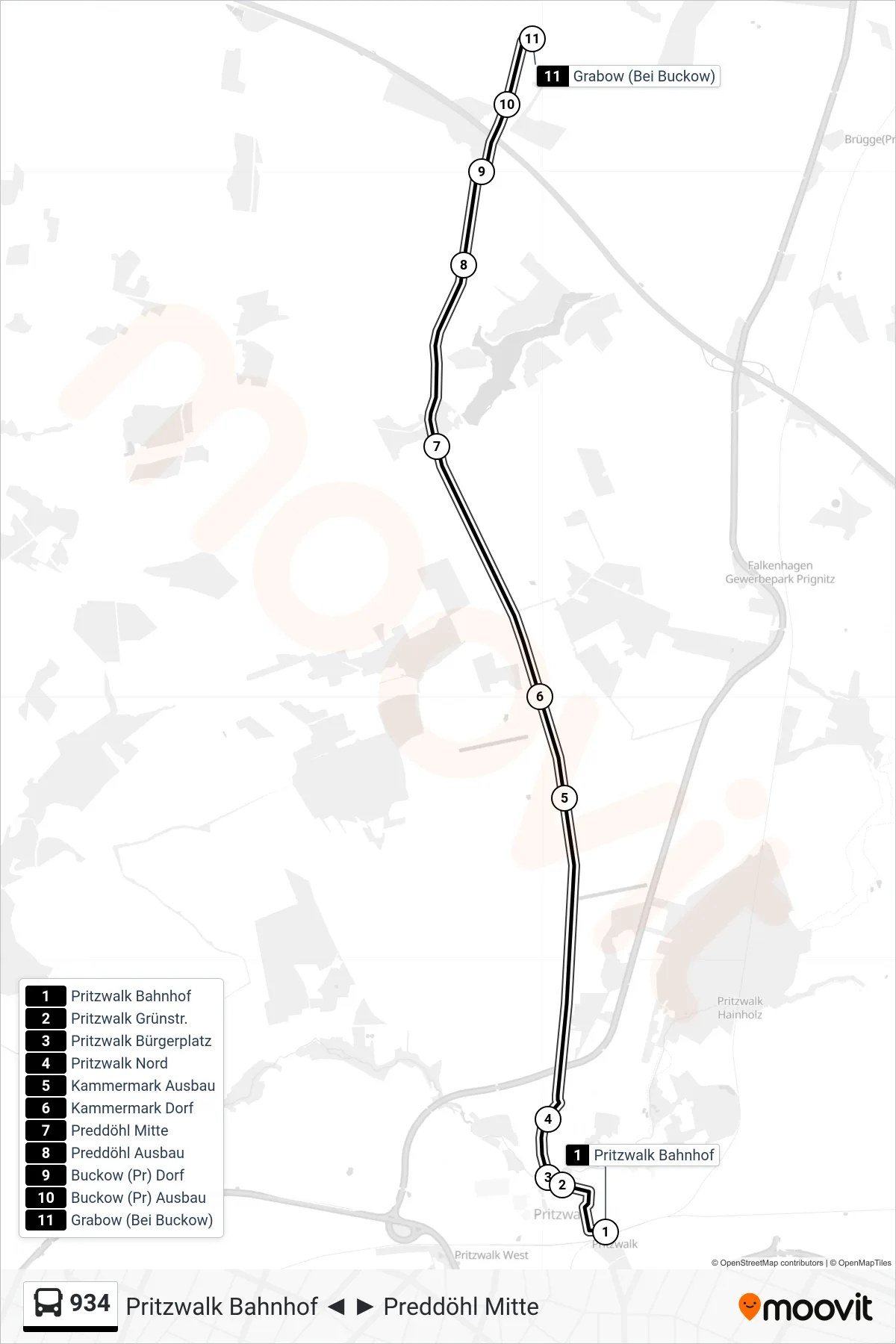 Linie 934 (Bus) Richtung Grabow (Bei Buckow): Route und Haltestellen auf der Karte